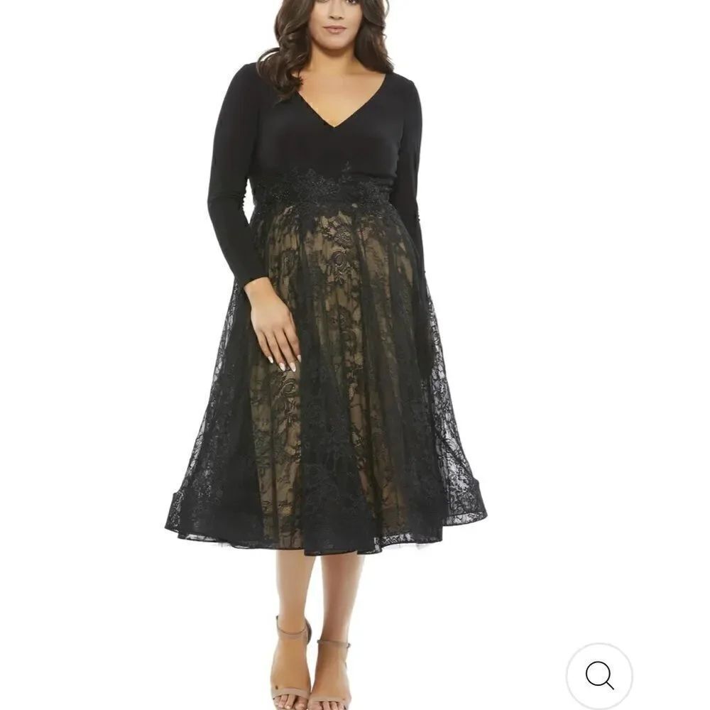 Mac Duggal 67897 women’s long sleeve jersey & lace cocktail midi dress size 18W